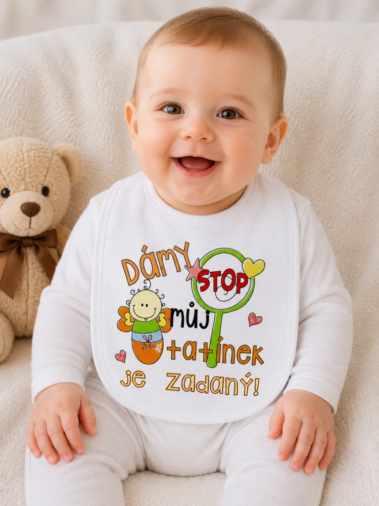 Bryndáček s nápisem "Dámy STOP můj tatínek je zadaný"