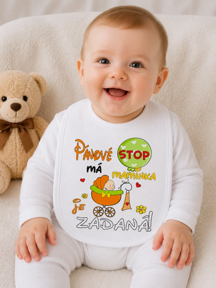 Bryndáček s nápisem "Pánové STOP moje maminka je zadaná"