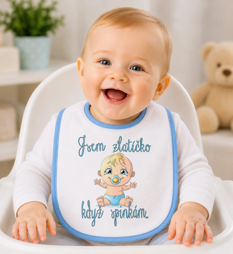 Bryndáček s nápisem "Jsem zlatíčko když spinkám.."