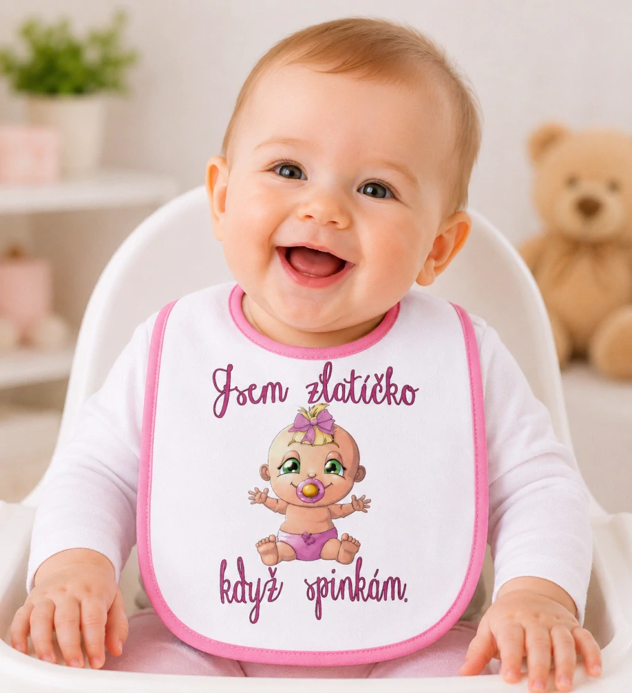 Bryndáček s nápisem "Jsem zlatíčko když spinkám.."