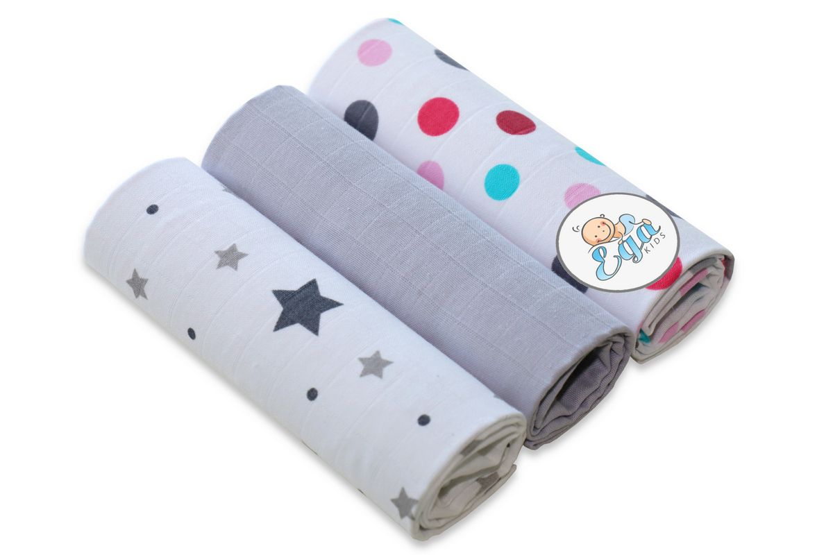 Mušelínové pleny 3 kusy Hvězdičky šedé+puntík barevný