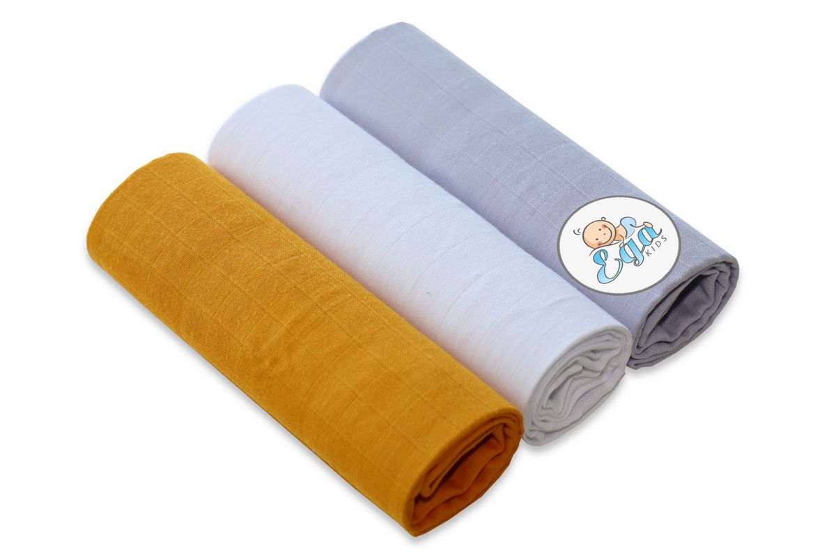 Mušelínové pleny 3 kusy Bílá+šedá+hořčičná