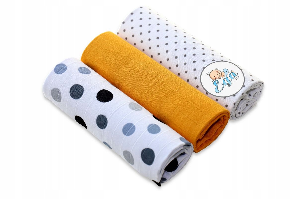 Mušelínové pleny 3 kusy Šedé puntíky/žlutá