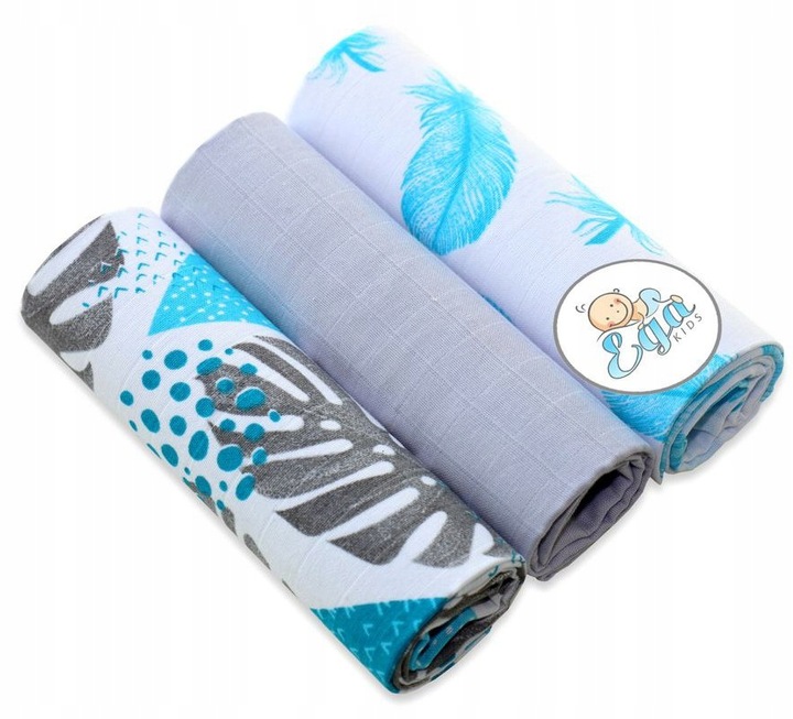 Mušelínové pleny 3 kusy Monstera/pírka šedá