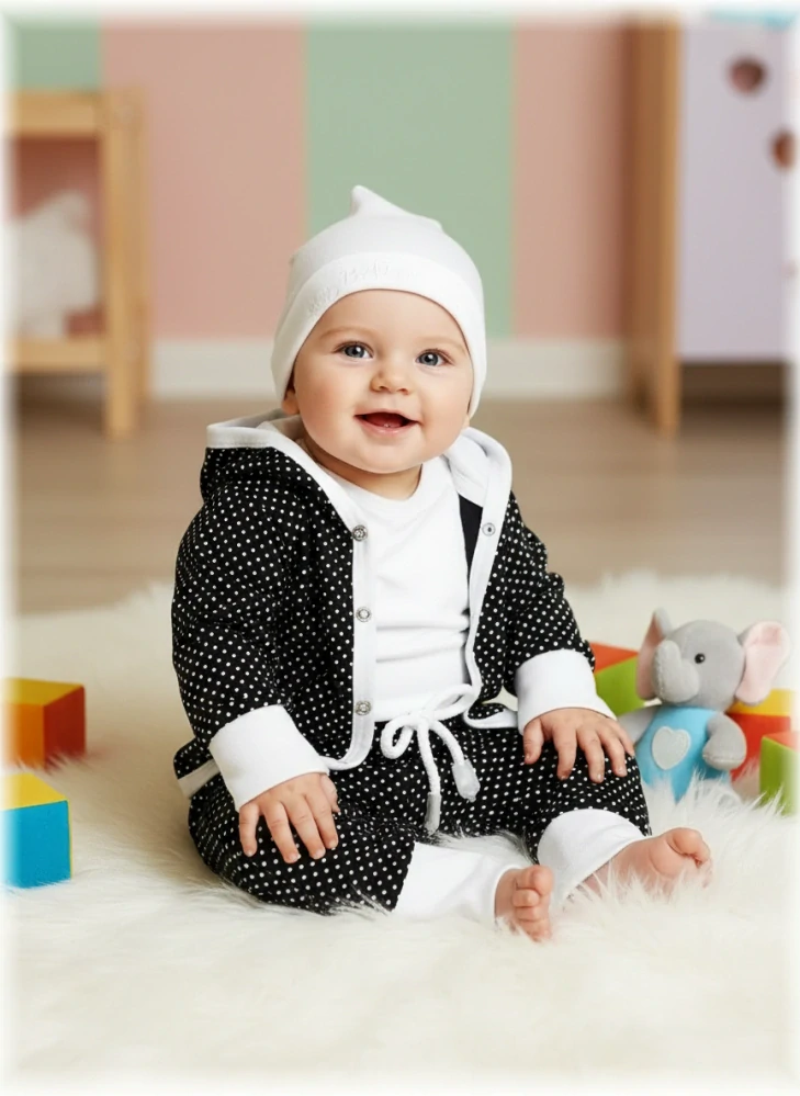 Kojenecká 2D souprava černé puntíky mikinka+tepláčky 80