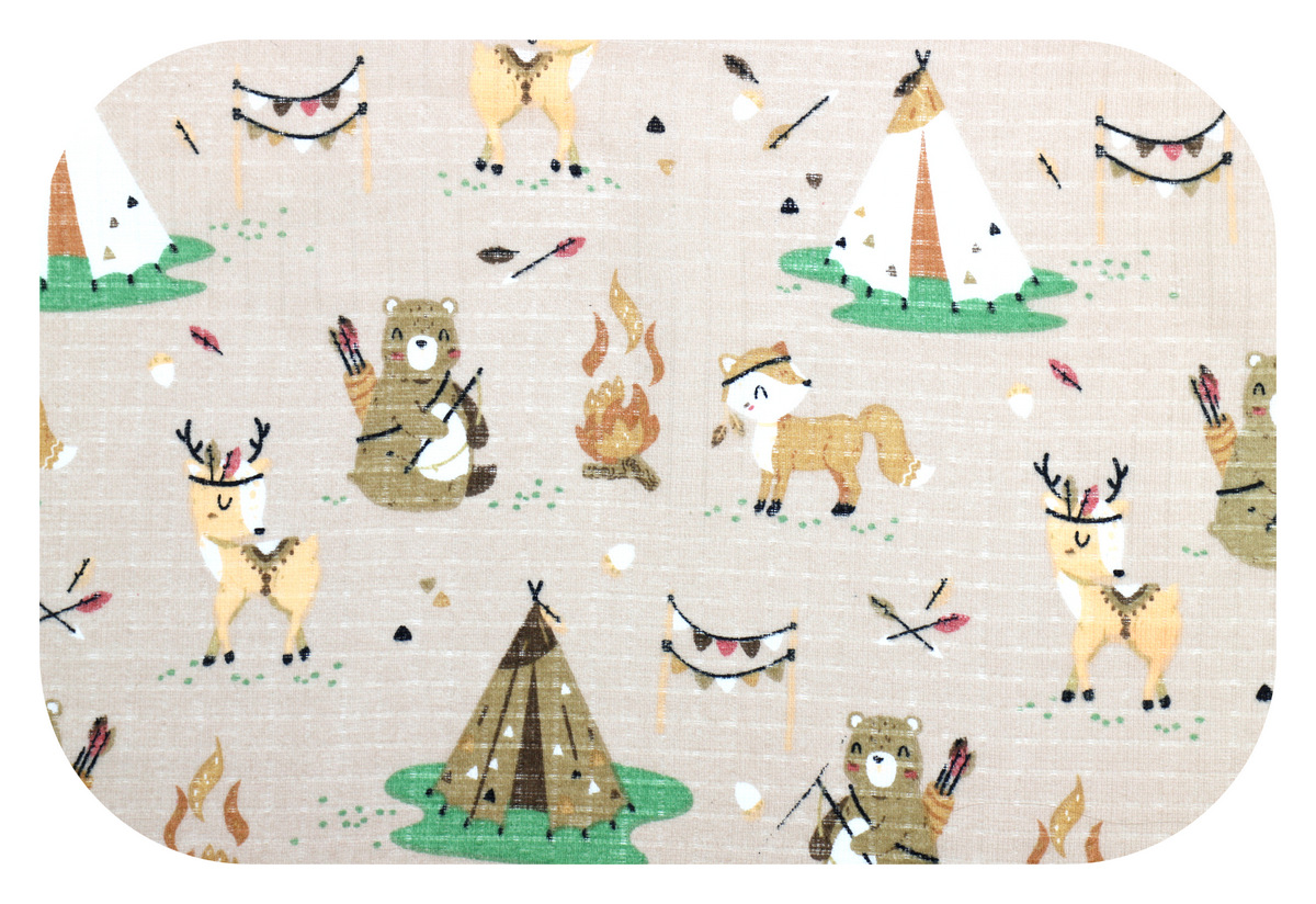 Bavlněná plena s obrázky - zvířátka  v kempu hnědá