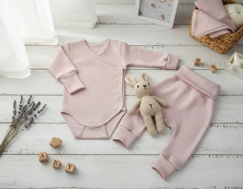 Kojenecká 2D rostoucí souprava zavinovací body+tepláčky pudrová 86/92