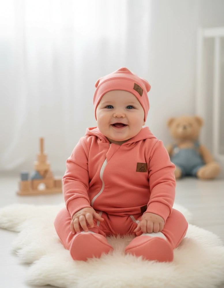 Kojenecký teplákový overal, čepička, capáčky Brumlík koral 74