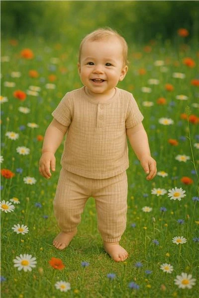 Kojenecká 2D mušelínová souprava tričko+kalhoty beige 68