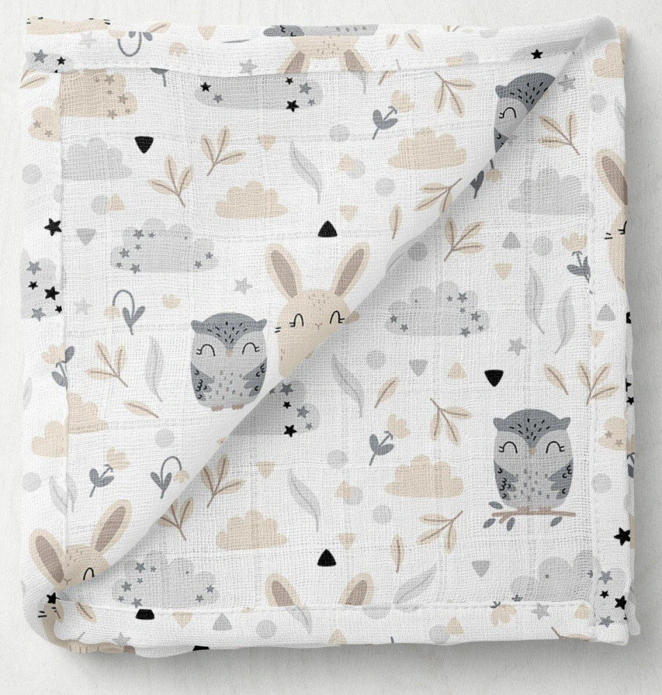 Dětské mušelínové mini plenky 5 kusů Sova, žirafka, šedá