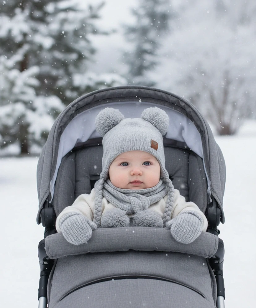 Kojenecká zimní čepička, šála a rukavičky šedá