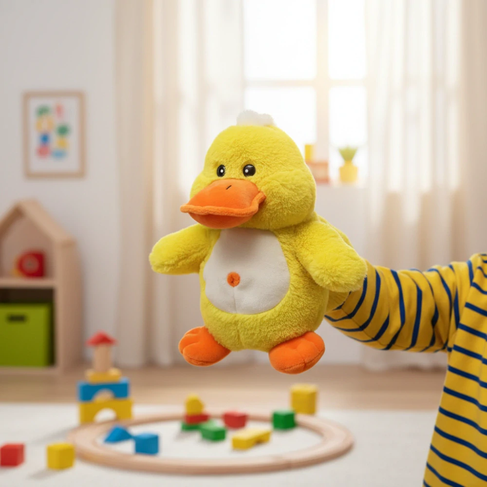 Maňásek Kachnička 25 cm – plyšový maňásek na ruku pro děti