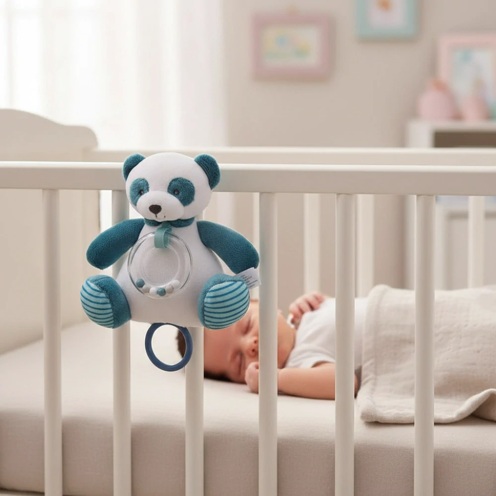 Závěsná plyšová hračka Panda s melodií a chrastítkem modrá – interaktivní hračka pro miminko