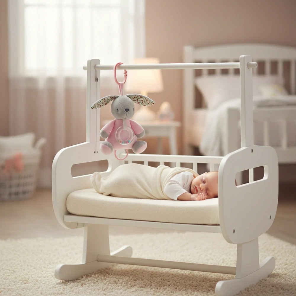 Závěsná plyšová hračka Králíček růžový 18 cm – usínáček s chrastítkem a melodií pro miminko