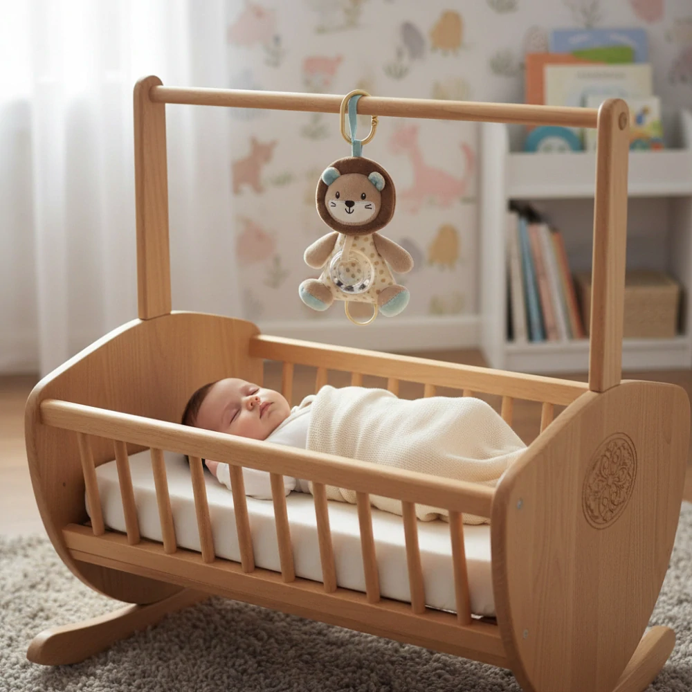 Závěsná hračka s chrastítkem Lev 18 cm – plyšový usínáček s melodií pro miminko