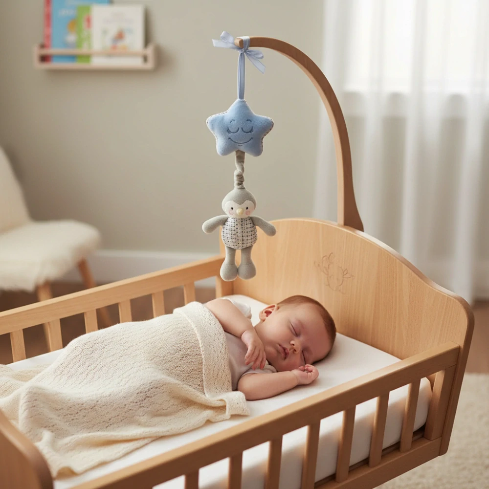 Závěsná plyšová hračka Tučňák s melodií 32 cm – usínací hračka pro miminko