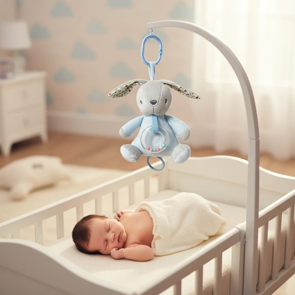 Závěsná plyšová hračka Králíček modrý s melodií 18 cm – usínací hračka pro miminko