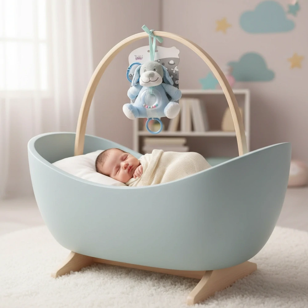 Závěsná plyšová hračka Pejsek modrý s melodií 18 cm – usínací hračka pro miminko