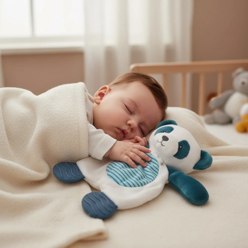 Plyšová panda s chrastítkem, šustícím tělíčkem a kousátky 25 cm – senzorická hračka pro miminko