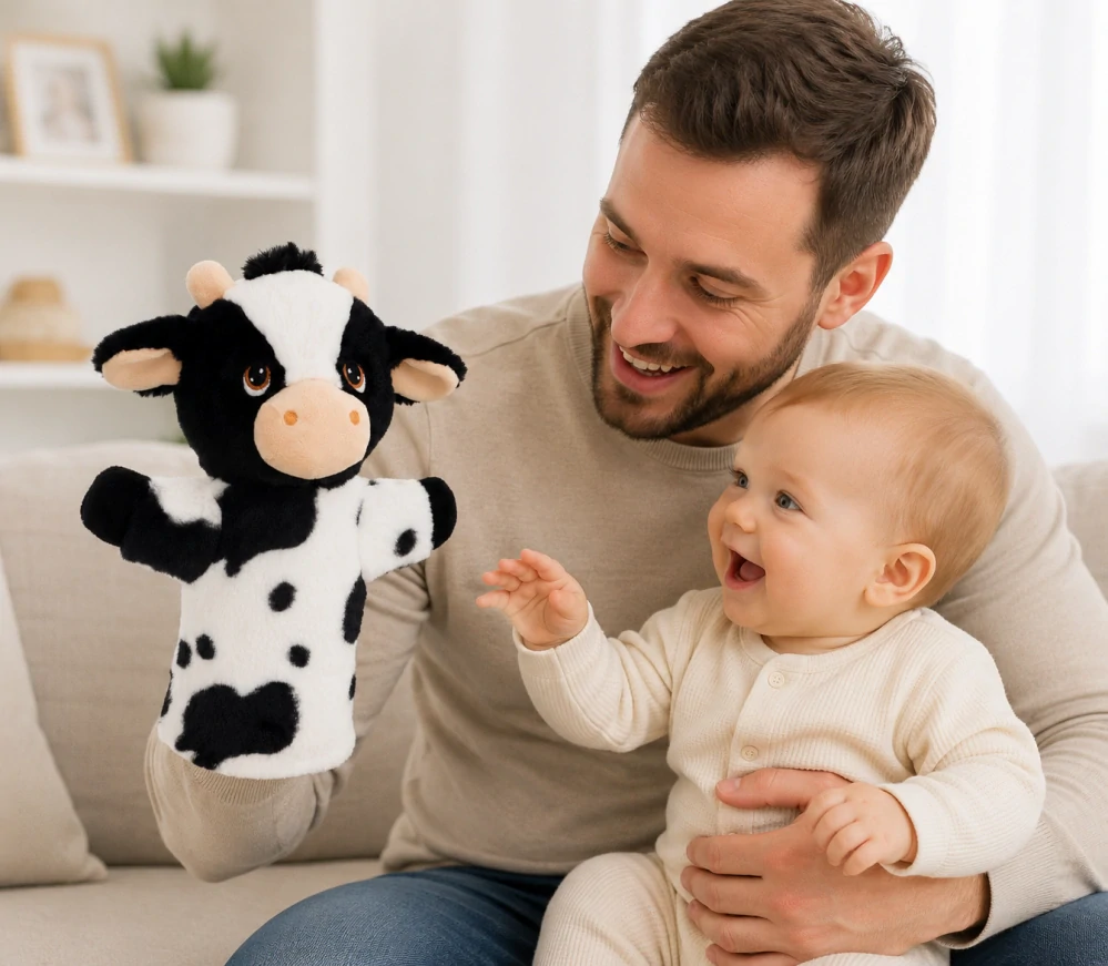 Keeleco maňásek na ruku Kravička 27 cm – ekologická plyšová hračka Keel Toys