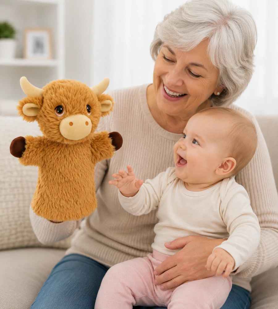 Keeleco maňásek na ruku Skotská kravička 27 cm – ekologická plyšová hračka Keel Toys