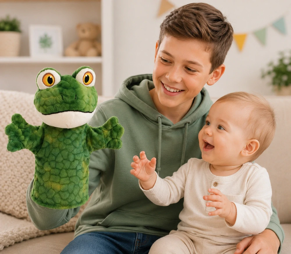 Keeleco maňásek na ruku Žabička 27 cm – ekologická plyšová hračka Keel Toys