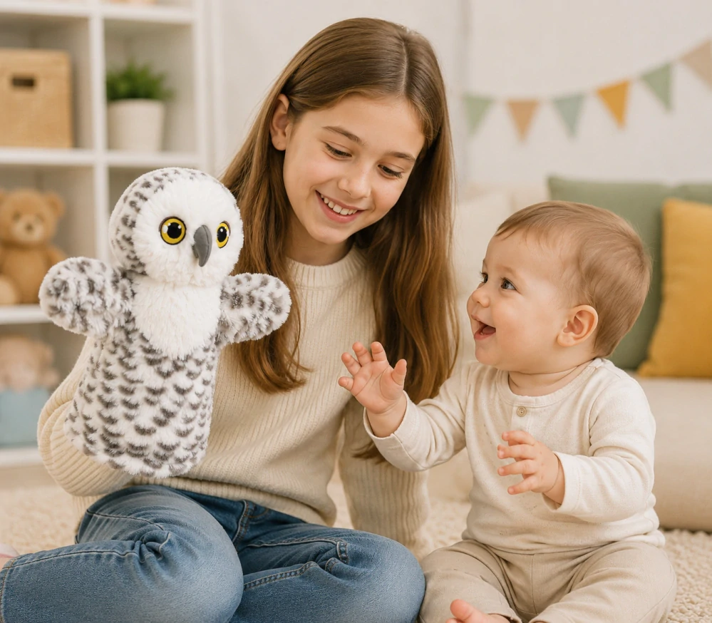 Keeleco maňásek na ruku Sovička 27 cm – ekologická plyšová hračka Keel Toys