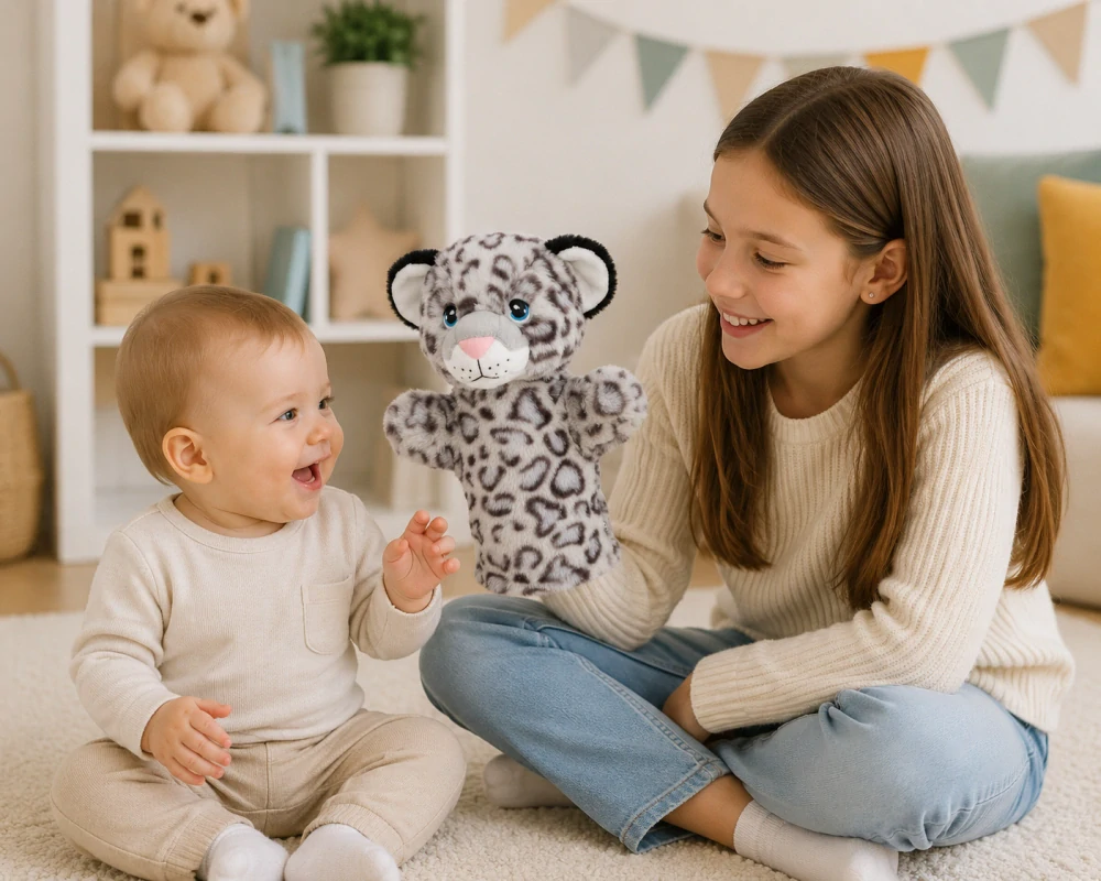 Keeleco maňásek na ruku Sněžný levhart 27 cm – ekologická plyšová hračka Keel Toys
