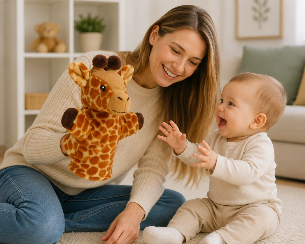 Keeleco maňásek na ruku Žirafka 27 cm – ekologická plyšová hračka Keel Toys
