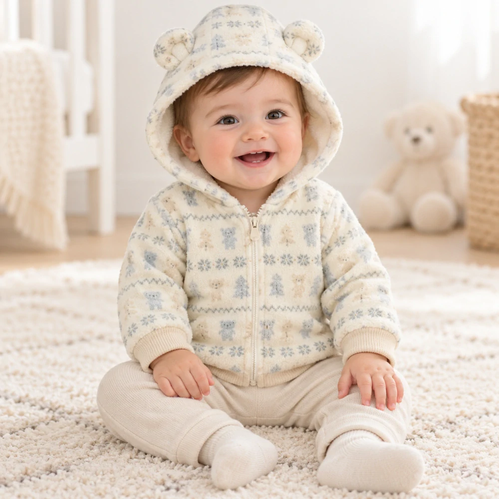 Dětská fleecová bundička s kožíškem Medvídci krémová – Pure & Soft 74/80