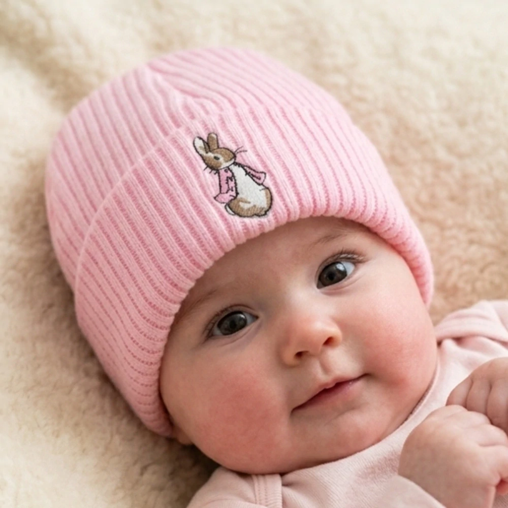 Pletená čepička pro miminko se zajíčkem růžová 0–3 měsíce – Kiddies World