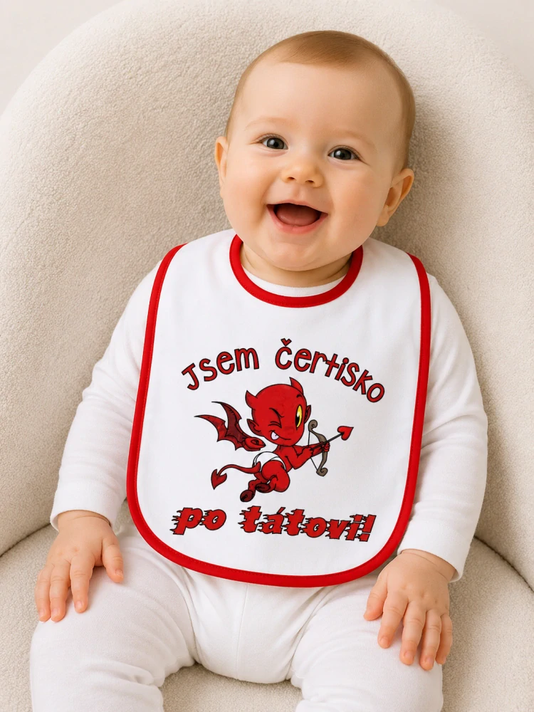 Bryndáček s nápisem "Jsem čertisko po tátovi"
