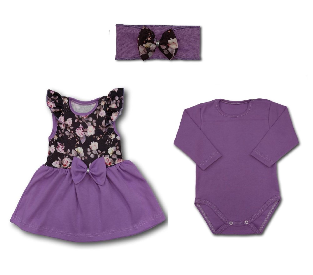 Kojenecká 3D souprava šaty+body+čelenka Pose purple 56
