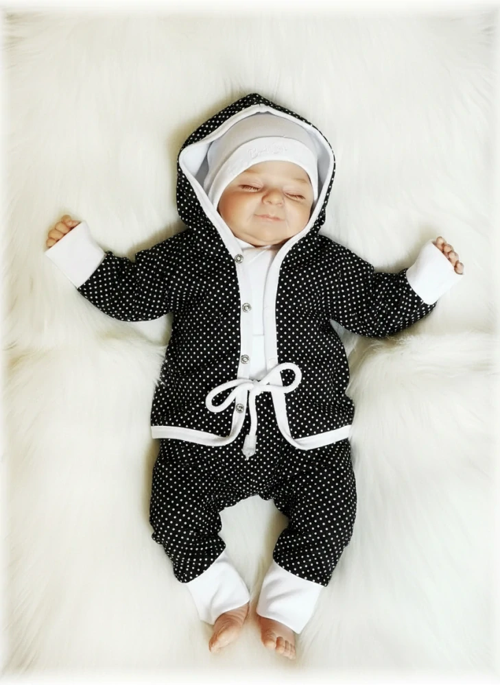 Kojenecká 2D souprava černé puntíky mikinka+tepláčky 80