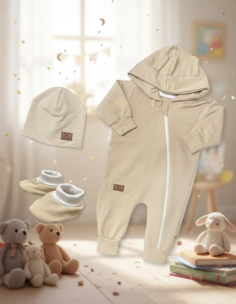 Kojenecký teplákový overal, čepička, capáčky Brumlík káva 74