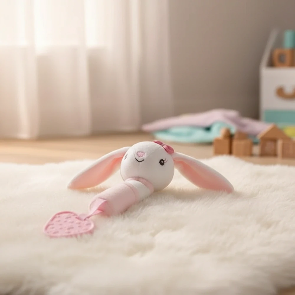Plyšový zajíček s kousátkem a pískátkem 22 cm – senzorická hračka pro miminko