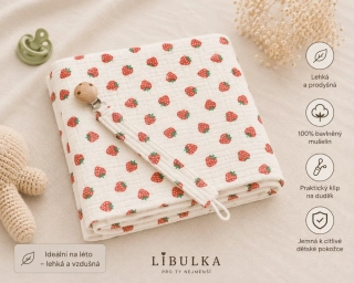 Dětská mušelínova deka Jahůdky + klip na dudlík 