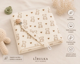 Dětská mušelínová deka Meďa + klip na dudlík 