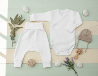 Kojenecká 2D rostoucí souprava zavinovací body+tepláčky bílá 62/68