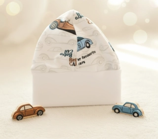Kojenecká bavlněná čepička Hříbek retro car b