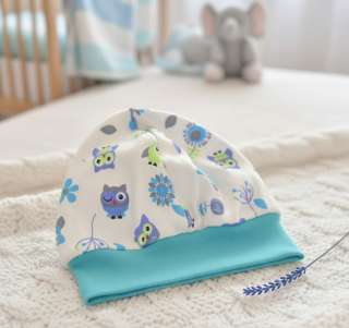 Kojenecká bavlněná čepička Hříbek sovka tyrkys