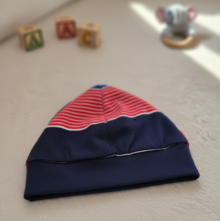 Kojenecká bavlněná čepička Hříbek proužek červená/modrá