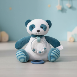 Závěsná plyšová hračka Panda s melodií a chrastítkem modrá – interaktivní hračka pro miminko