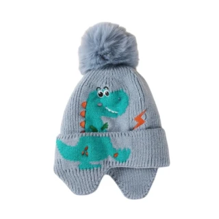 Pletená čepice s dinosaurem a bambulí sv. modrá Pesci Baby