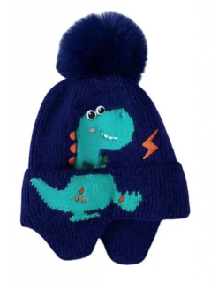 Pletená čepice s dinosaurem a bambulí tm. modrá Pesci Baby